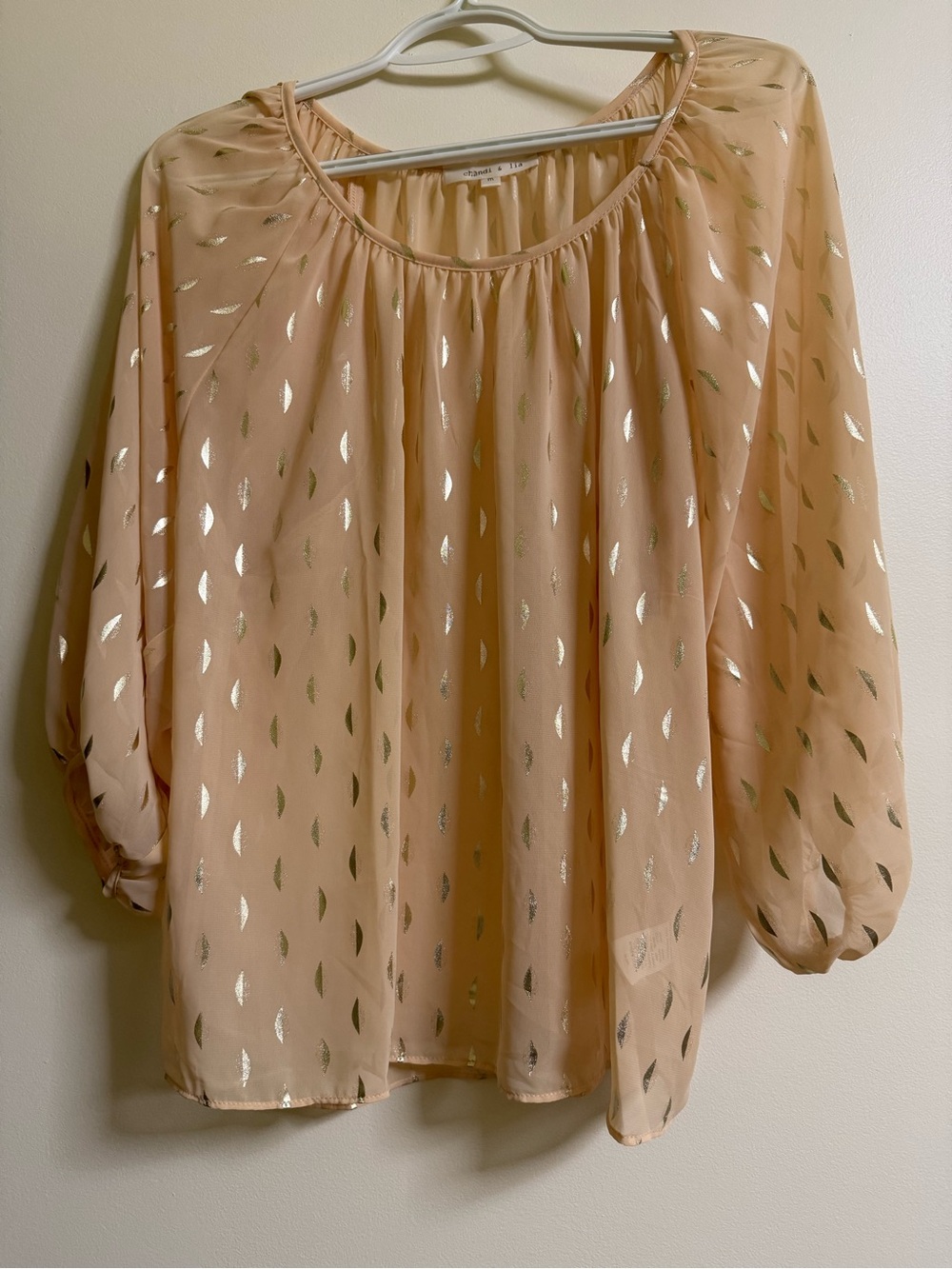 Beige Metallic Leaf Print Peasant Blouse